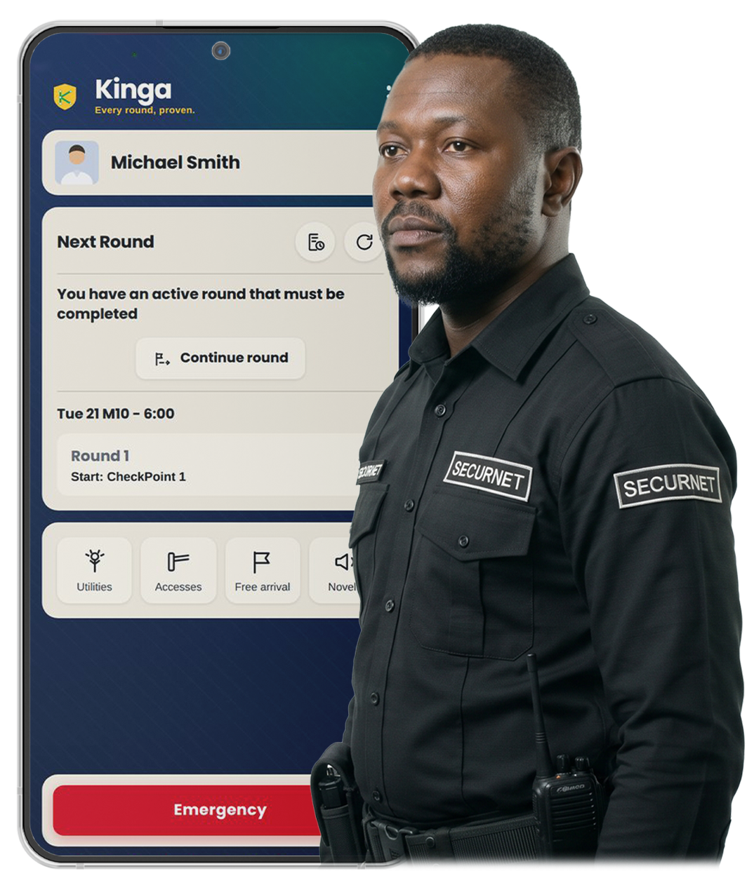 Kinga guard patrol app shown with a security officer